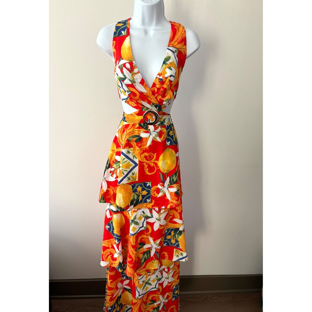 Mediterranean Italian Summer Resort Glam Dress M Lemon Tile Open Back Maxi NWT